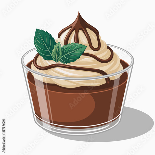 A delightful dessert image featuring creamy chocolate mousse, topped with a swirl of whipped cream and fresh mint leaves, making it an ideal treat for any sweet tooth.