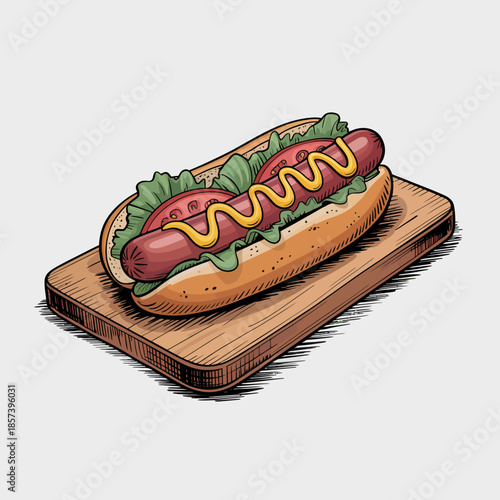 A classic hot dog served on a wooden board, topped with fresh greens, tomatoes, and mustard, showcasing a tasty and casual food choice for gatherings.