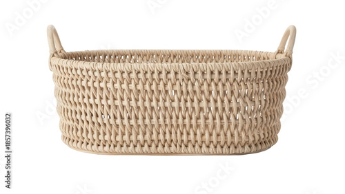 Woven rattan basket isolated PNG, beige wicker storage container with handles for home decor and organization on transparent background