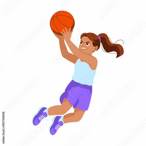 A girl in mid-jump, showcasing her skills in basketball, demonstrating strength and determination while aiming for the basket during an exciting game.