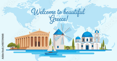 This inviting image features popular Greek landmarks against a light world map backdrop, symbolizing Greece's rich history, culture, and breathtaking beauty welcoming travelers.