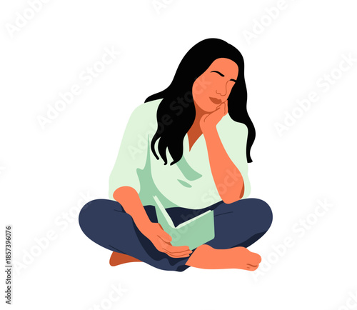 A serene image depicting a woman in a casual pose, deeply immersed in a book, symbolizing relaxation, reflection, and the joy of reading in a tranquil environment.