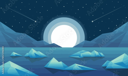 A serene digital artwork displaying a moonlit night over icy landscapes, complete with shimmering stars, evoking feelings of tranquility and wonder in nature.