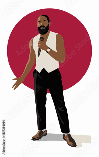 A charismatic singer takes the stage with confidence, holding a microphone, showcasing a stylish outfit against a vibrant background circle that enhances the performance vibe.