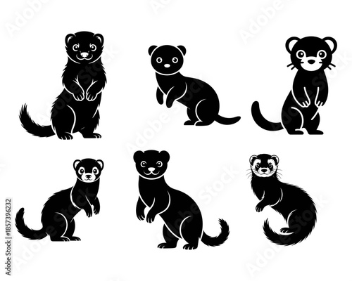 Six black silhouette ferrets in various poses on white background stoat weasel