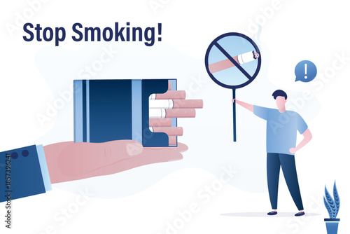 Seller hand give cigarette package. Smart man shows gesture - stop. Refusal and quit smoking. Overcoming smoking addiction. Tobacco under restriction. Stop bad habit.