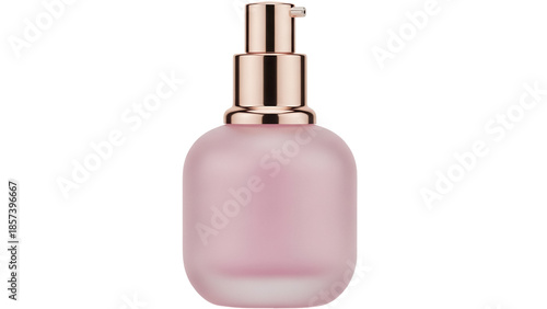 Elegant pink cosmetic bottle with golden pump isolated PNG, skincare product for beauty and personal care on transparent background