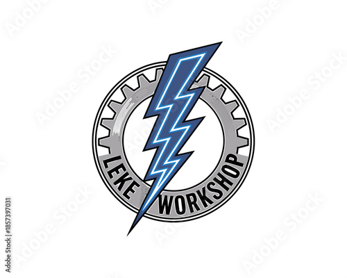 Blue lightning bolt emblem with gear and text Leke Workshop white black
