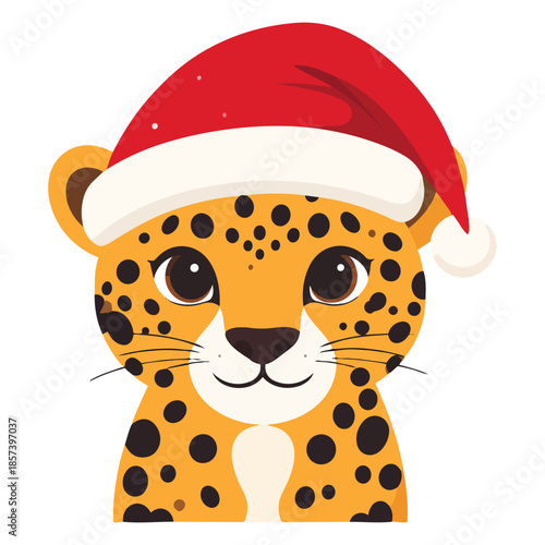Cute vector flat design icon of a spotted leopard cub wearing a festive red Santa Claus Christmas hat, ready for holiday greeting cards, winter party invitations, New Year celebrations, and adorable