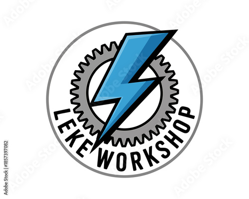 Blue lightning bolt and gear with text Leke Workshop cogwheel