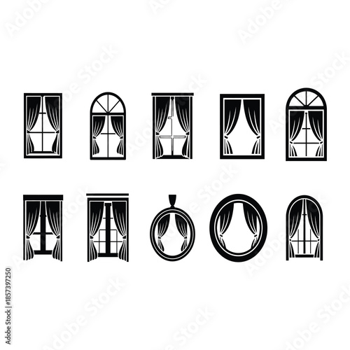 Silhouette Open Window With Flowing Curtain vector Icon.