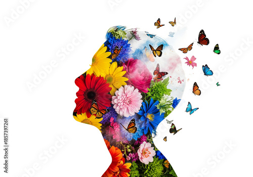 Double exposure human head silhouette with blooming flowers mental health concept.