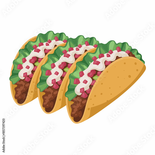 A tempting display of three tacos filled with fresh ingredients and garnishes, emphasizing the mouthwatering appeal of this classic Mexican dish in a fun illustration.