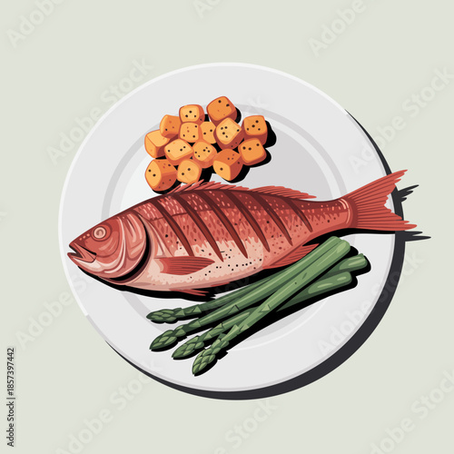 A beautifully presented plate featuring a seared fish fillet accompanied by fresh vegetables, showcasing both culinary artistry and appetizing presentation.