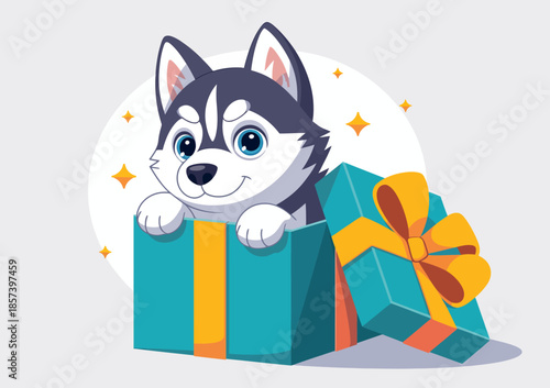 A delightful illustration of a playful husky puppy peeking out from a beautifully wrapped gift box, perfect for celebrations like birthdays or holidays.