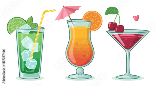 A delightful assortment of summer cocktails displayed, showcasing a refreshing image with vibrant drinks garnished with fruits and umbrellas, capturing the essence of summer celebrations.