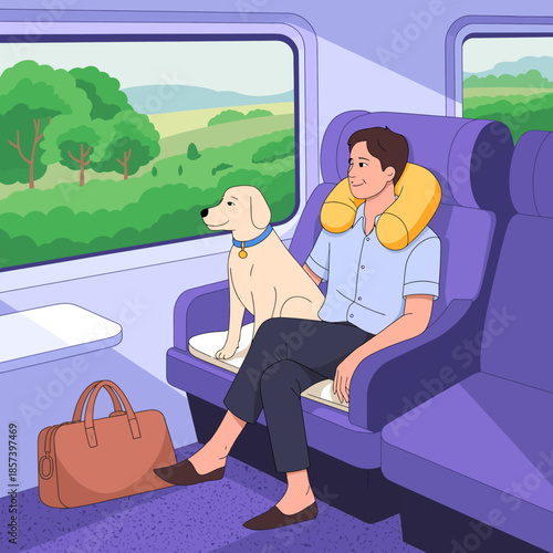 A relaxed man travels with his dog on a train, seated comfortably, portraying a sense of companionship and adventure while enjoying scenic views through the window.