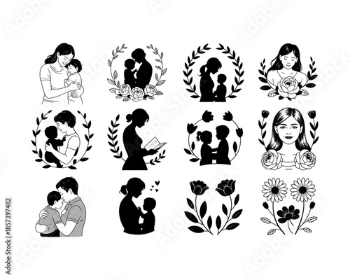 Mother and child embracing silhouette with floral wreath and single mother portrait with flowers baby