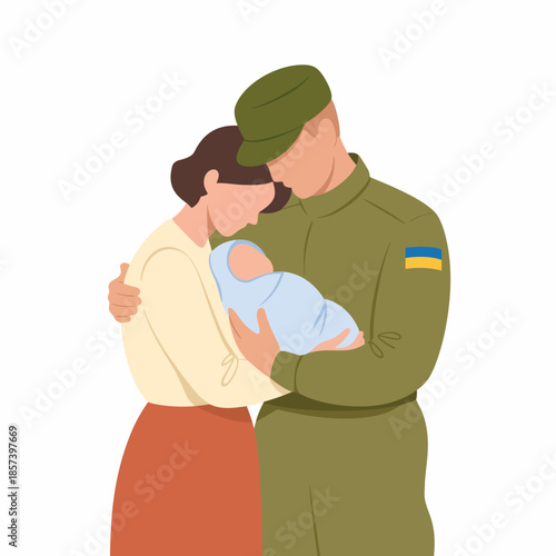 A poignant image showcasing a soldier in uniform embracing a woman and a baby, symbolizing love, family, and the emotional bond during challenging times.