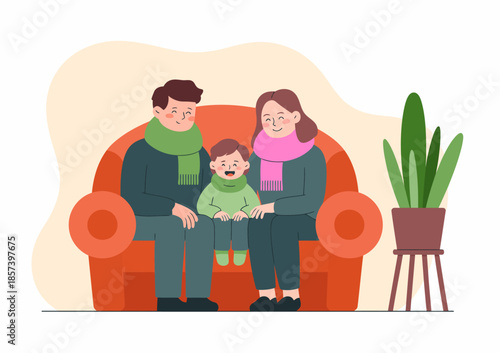 A heartwarming illustration of a family sitting together on a cozy sofa, showcasing their affection and connection, ideal for themes of family love and togetherness.