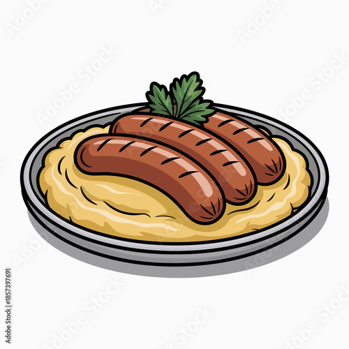 A mouthwatering plate of grilled sausages resting on creamy mashed potatoes, exuding a hearty appeal indicative of traditional comfort food that delights the senses.