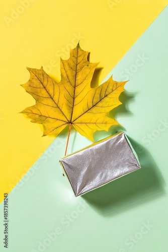 Autumn Maple Leaf And Silver Gift Box On Pastel Background