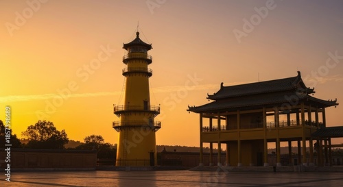 Golden tower and pavilion at sunrise