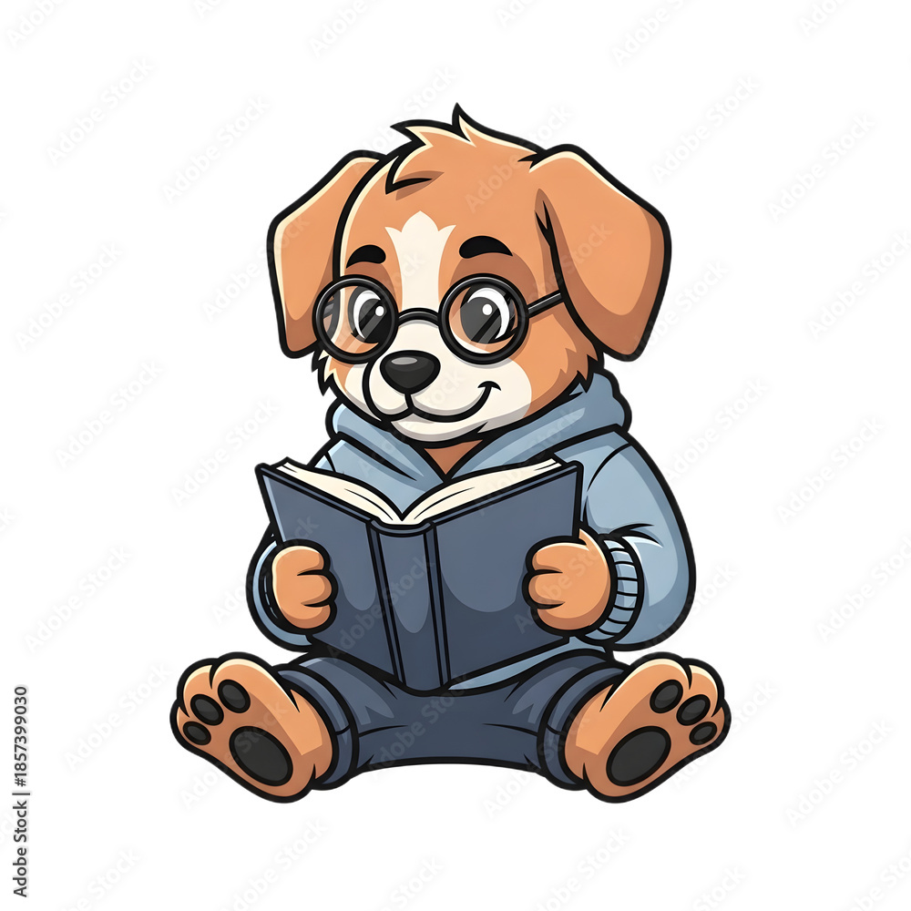 Naklejka premium Smart Puppy Dog Character with Glasses Reading a Book