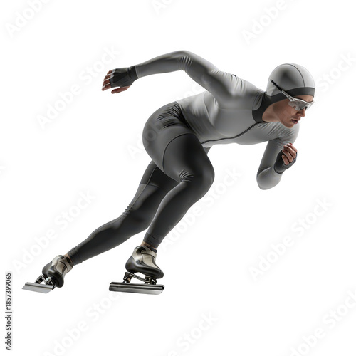 Speed skater sprinting forward in an aerodynamic stance, highlighting explosive power, speed, endurance, and professional racing technique on a transparent background.