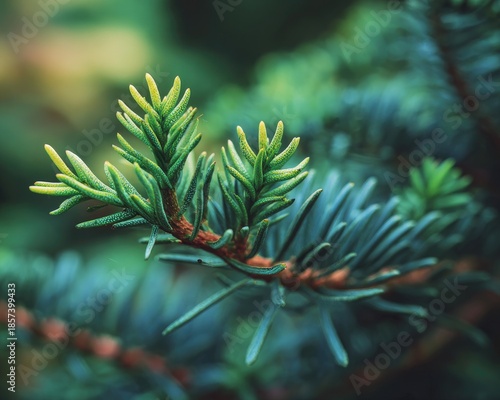 Closeup Pine Branch With Emerald Green Needles