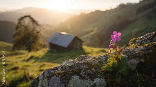 Purple Flower On Rocky Outcrop Sunrise View