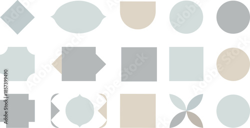 Geometric and abstract icons in muted tones including floral, speech bubble, and cross shapes for modern design.