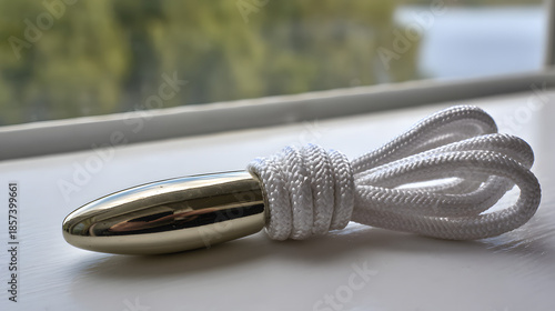 osmium. Polished metal aglet at the end of a white shoelace with metallic texture. lifestyle magazines, social media lookbooks, designed for lifestyle magazines and social media content.