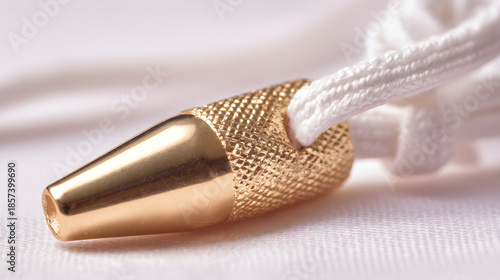 osmium. Polished metal aglet at the end of a white shoelace with metallic texture. lifestyle magazines, social media lookbooks, designed for lifestyle magazines and social media content.