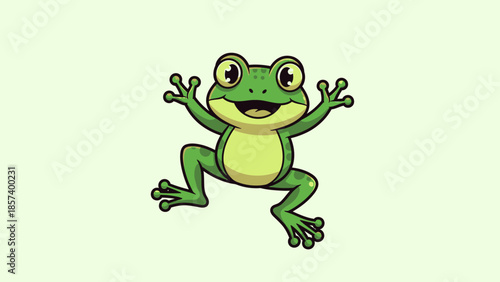 Energetic Happy Green Frog Cartoon Character Leaping and Smiling on a Light Green Background