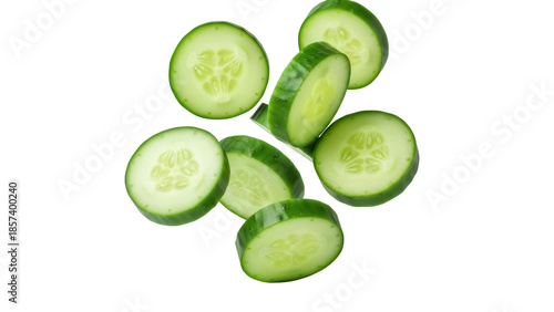 Fresh cucumber slices isolated PNG on transparent background, vibrant green vegetable pieces for healthy eating and cooking
