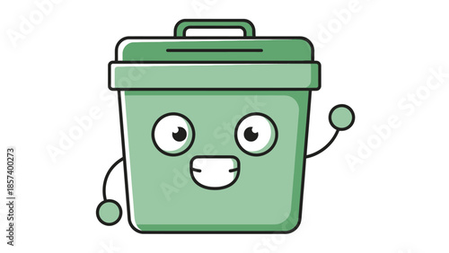 Happy Cartoon Trash Can Waving and Smiling, Isolated White Background, Friendly Recycling Bin