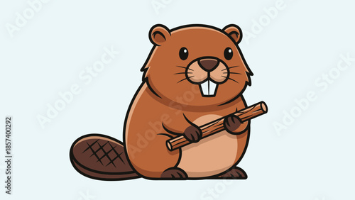 Cartoon Beaver Holding Stick While Sitting in Bright Studio, Industrious Animal Illustration