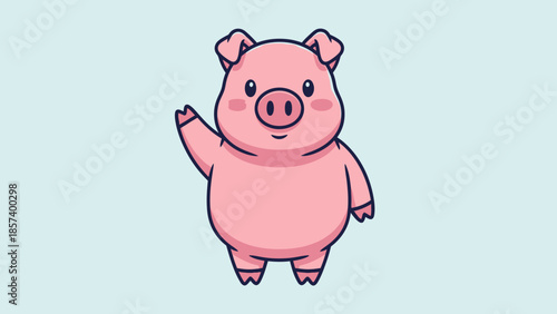 Cute Cartoon Pig Waving and Standing in Bright Studio, Happy Farm Animal Illustration