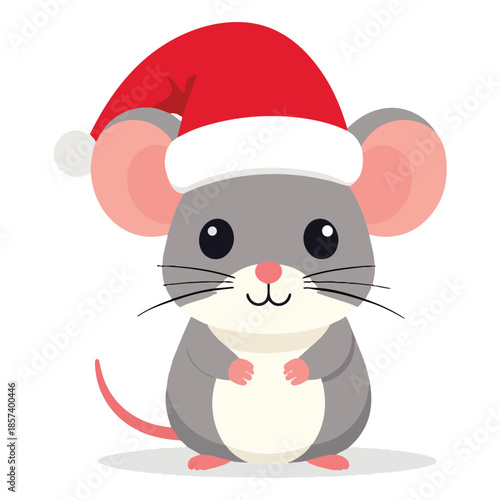 Adorable flat design vector graphic of a little cartoon mouse character wearing a festive red Santa Christmas hat perfect for seasonal greeting cards holiday decoration winter celebration graphics