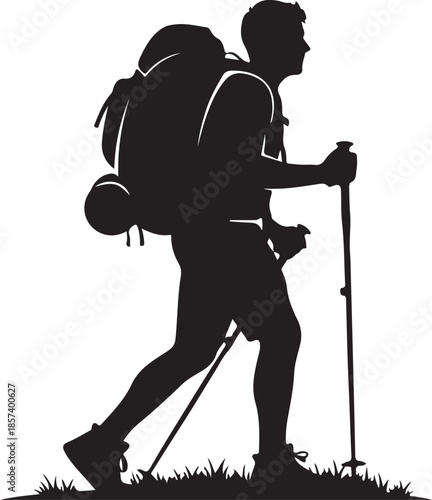 Hiker walking with backpack and trekking poles in nature