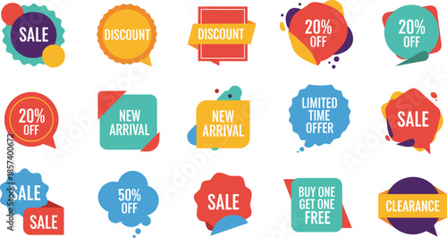 Colorful promotional labels and tags collection with sale, discount, clearance, new arrival, and special offer vector designs