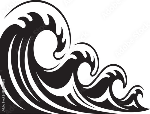 Black stylized ocean waves on white background water surf