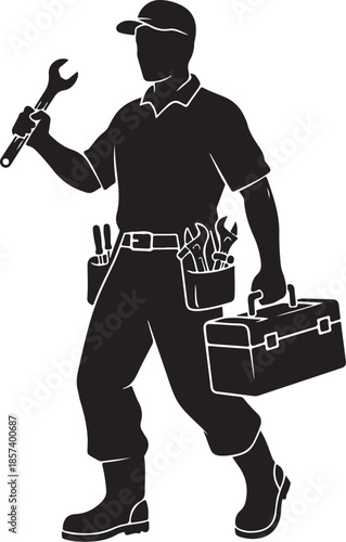 Mechanic with tool belt and box walking confidently