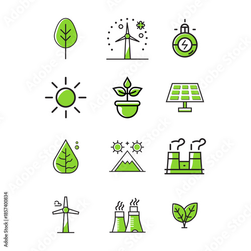 Electricity icons set. Set of green energy thin line icons. Power related icon set. Icons for renewable energy, green technology. Vector illustration