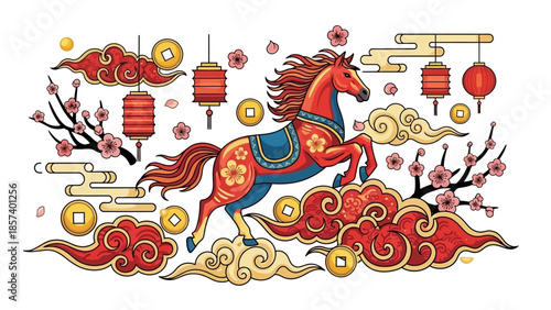 A vibrant red horse runs through stylized clouds and cherry blossoms with hanging lanterns.