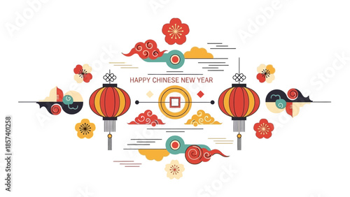 Vibrant Chinese New Year celebration with red lanterns and festive decorations in a lively cultural event