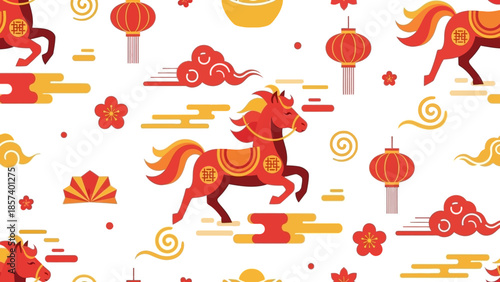 A vibrant illustration of horses and lanterns in a festive setting with swirling patterns and flowers.