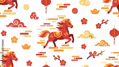 Vibrant illustrations of horses and traditional decorations fill the scene.