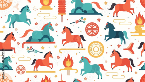 Colorful horses and torches are displayed in a lively pattern with various objects.